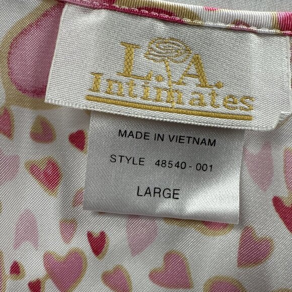 LA Intimates Belted Robe Size L Pink Red Satin Hearts Pockets 3/4 Ruffle Sleeves - Picture 2 of 8
